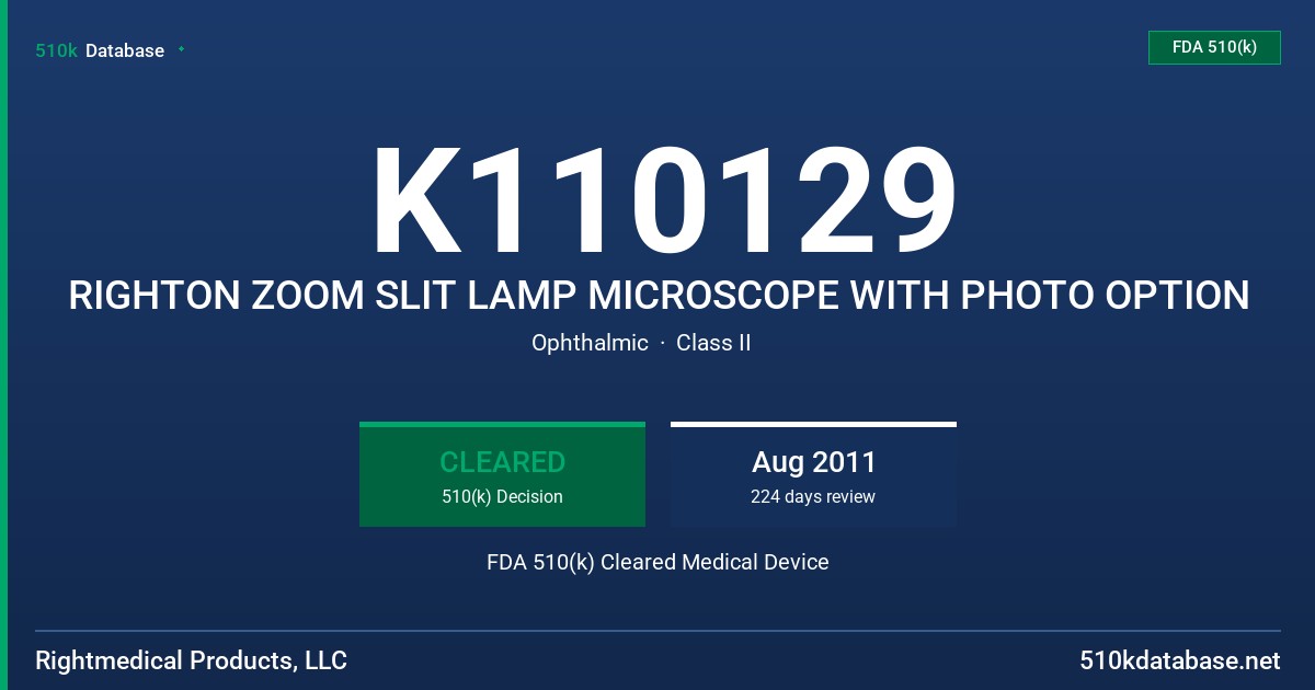 K110129 RIGHTON ZOOM SLIT LAMP MICROSCOPE WITH PHOTO OPTION FDA 510(k) Cleared Medical Device