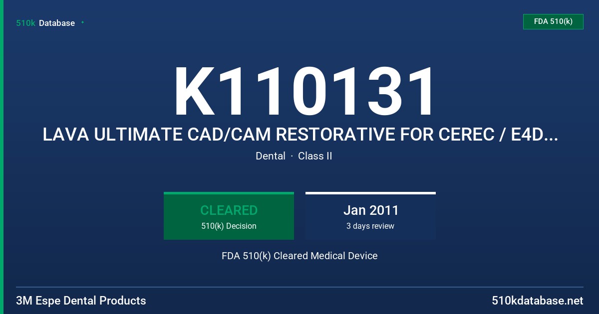 K110131 LAVA ULTIMATE CAD/CAM RESTORATIVE FOR CEREC / E4D, LAVA ULTIMATE IMPLANT CROWN RESTORATIVE FDA 510(k) Cleared Medical Device