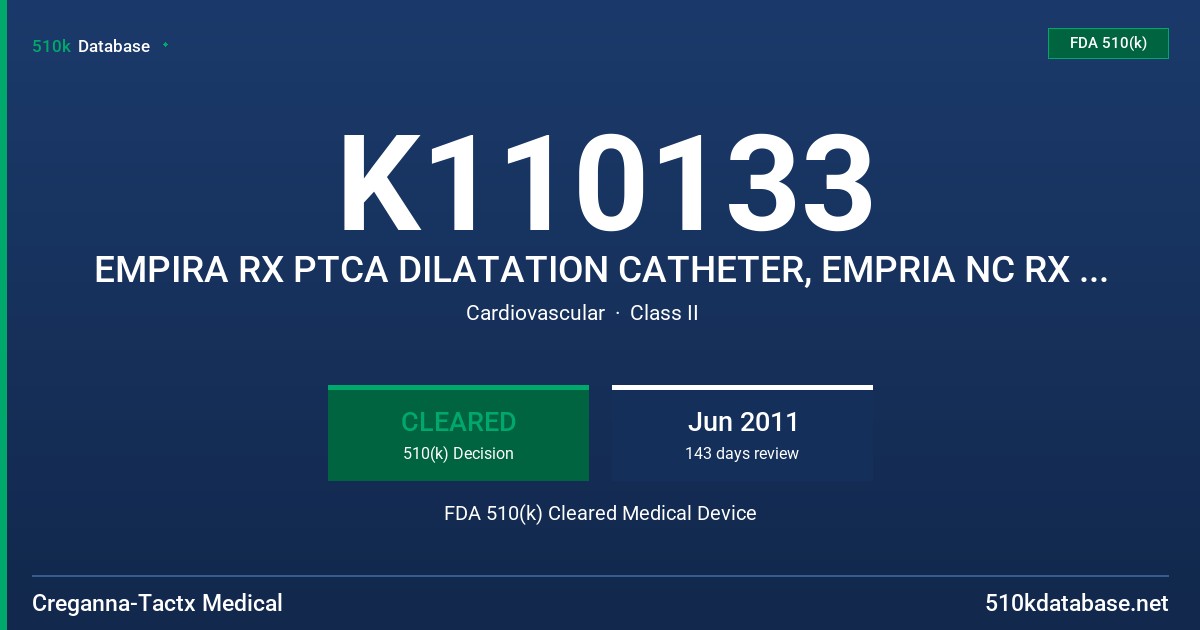 K110133 EMPIRA RX PTCA DILATATION CATHETER, EMPRIA NC RX PTCA DILATATION CATHETER FDA 510(k) Cleared Medical Device