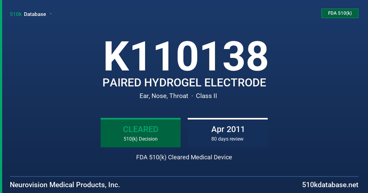 K110138 PAIRED HYDROGEL ELECTRODE FDA 510(k) Cleared Medical Device