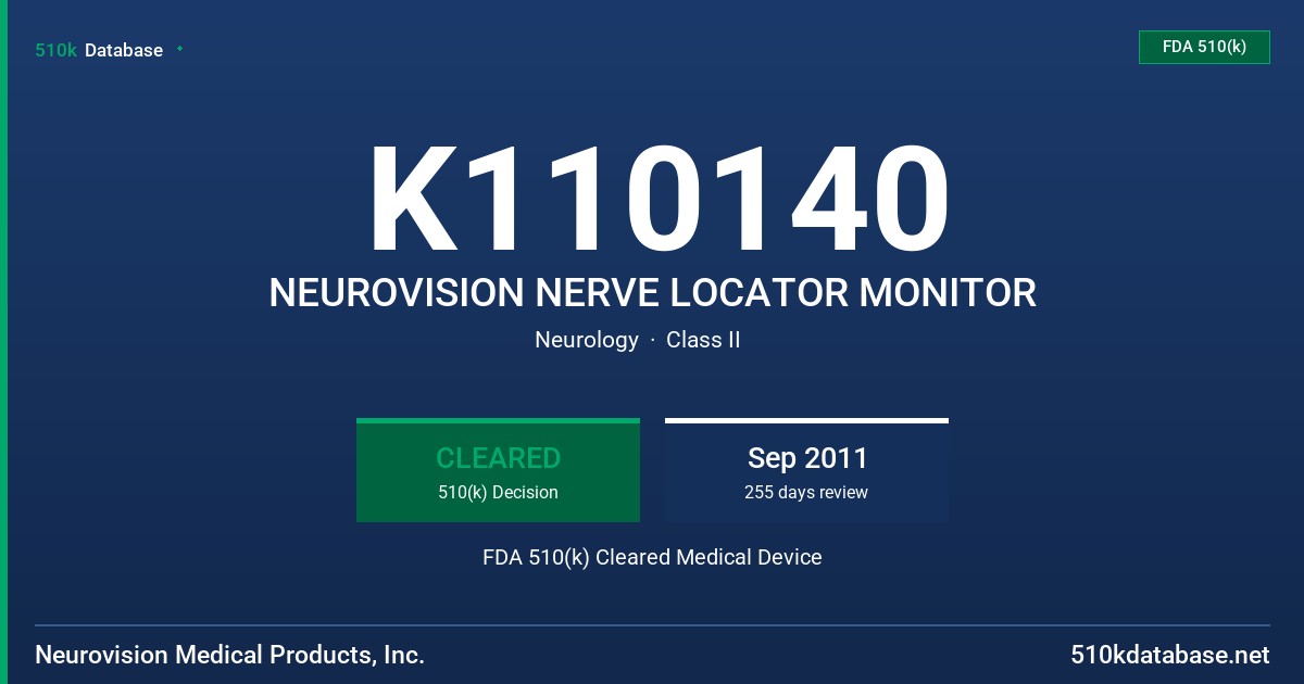 K110140 NEUROVISION NERVE LOCATOR MONITOR FDA 510(k) Cleared Medical Device