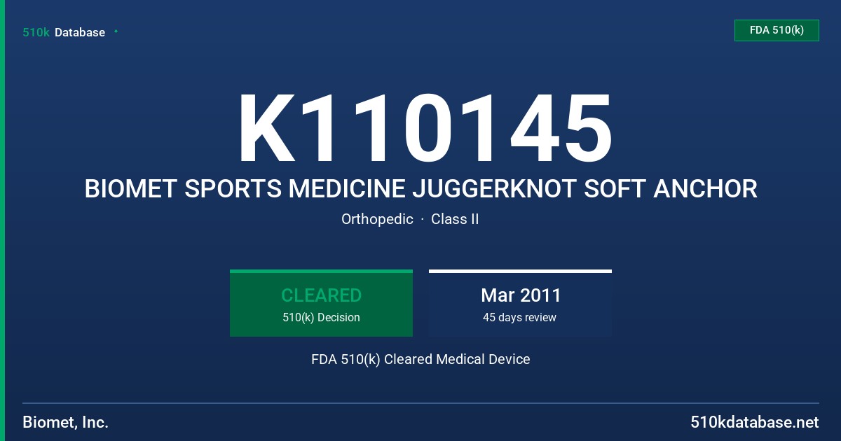 K110145 BIOMET SPORTS MEDICINE JUGGERKNOT SOFT ANCHOR FDA 510(k) Cleared Medical Device