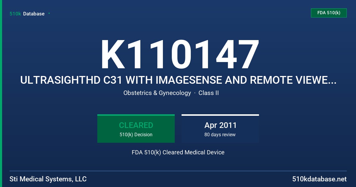 K110147 ULTRASIGHTHD C31 WITH IMAGESENSE AND REMOTE VIEWER TELEMEDICINE FDA 510(k) Cleared Medical Device