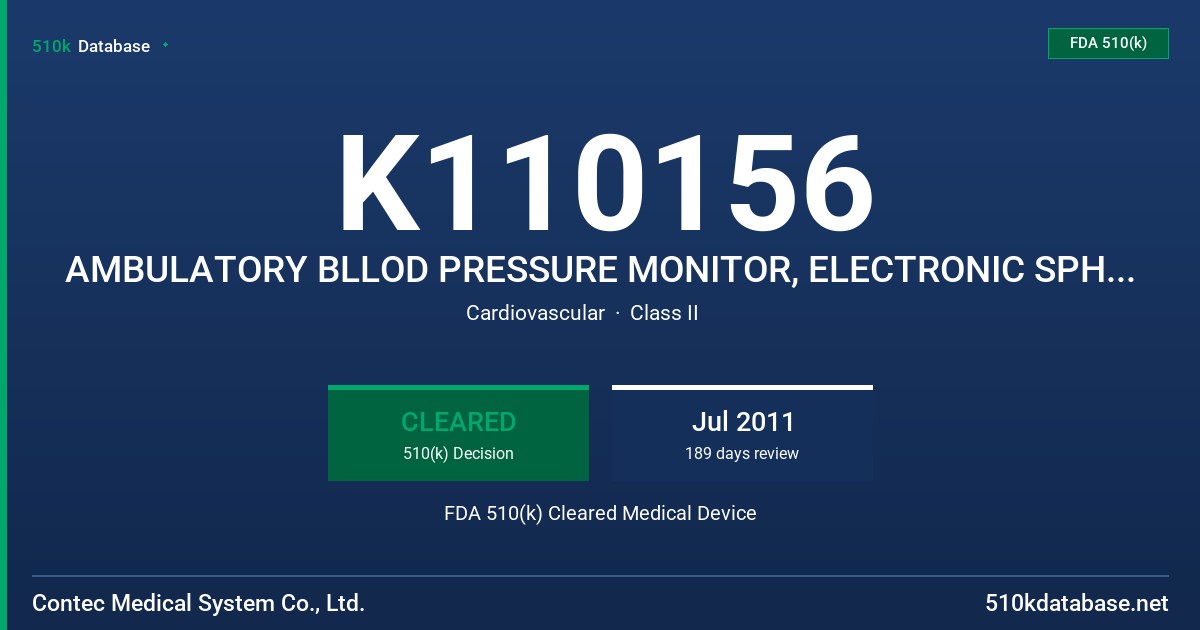 K110156 AMBULATORY BLLOD PRESSURE MONITOR, ELECTRONIC SPHYGMOMANOMETER, FDA 510(k) Cleared Medical Device