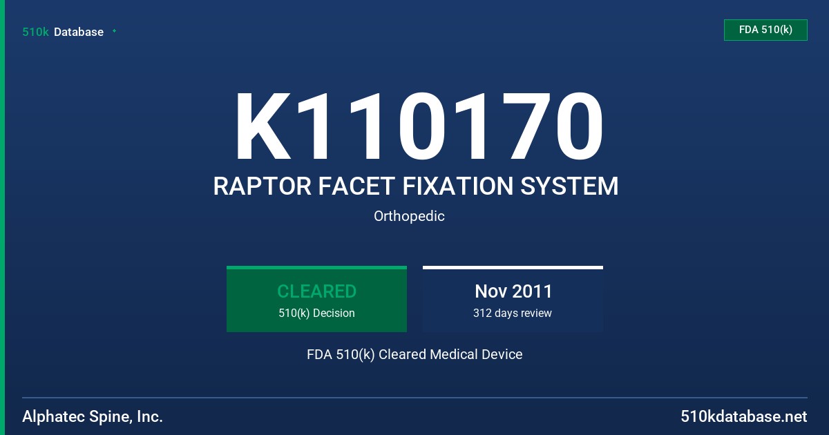 K110170 RAPTOR FACET FIXATION SYSTEM FDA 510(k) Cleared Medical Device