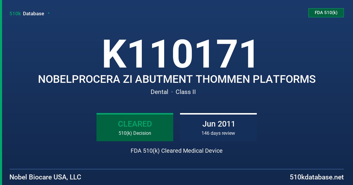 K110171 NOBELPROCERA ZI ABUTMENT THOMMEN PLATFORMS FDA 510(k) Cleared Medical Device