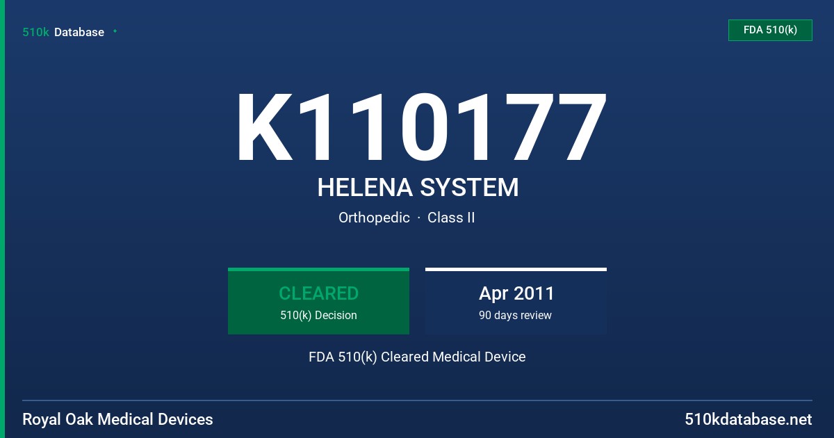 K110177 HELENA SYSTEM FDA 510(k) Cleared Medical Device
