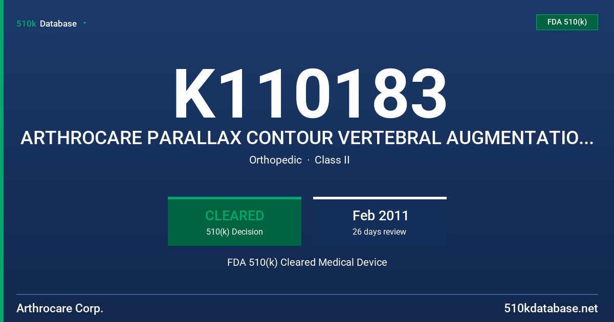 K110183 ARTHROCARE PARALLAX CONTOUR VERTEBRAL AUGMENTATION DEVICE FDA 510(k) Cleared Medical Device