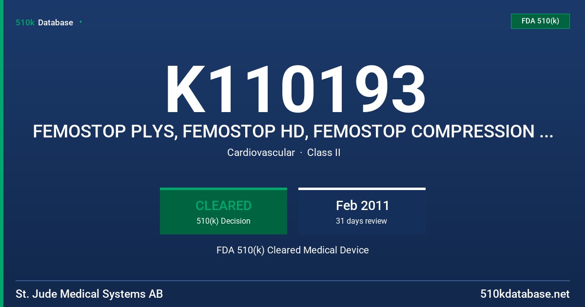 K110193 FEMOSTOP PLYS, FEMOSTOP HD, FEMOSTOP COMPRESSION ARCH FDA 510(k) Cleared Medical Device