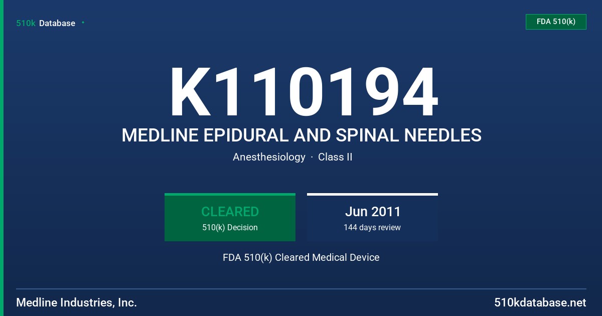 K110194 MEDLINE EPIDURAL AND SPINAL NEEDLES FDA 510(k) Cleared Medical Device