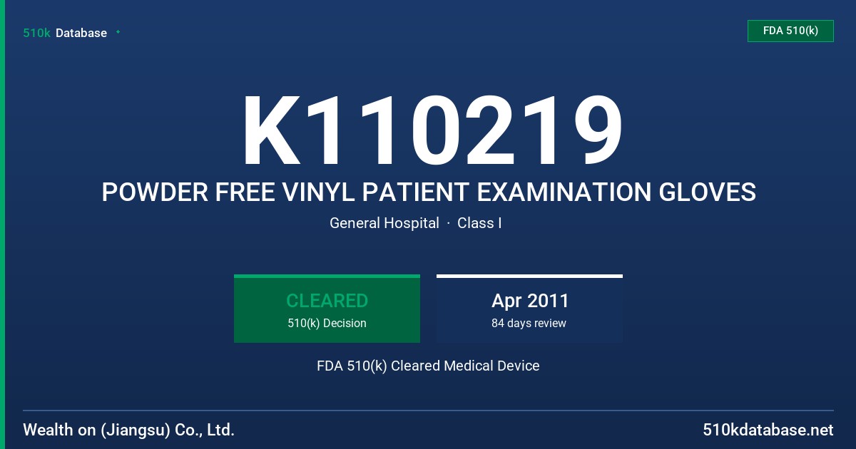 K110219 POWDER FREE VINYL PATIENT EXAMINATION GLOVES FDA 510(k) Cleared Medical Device