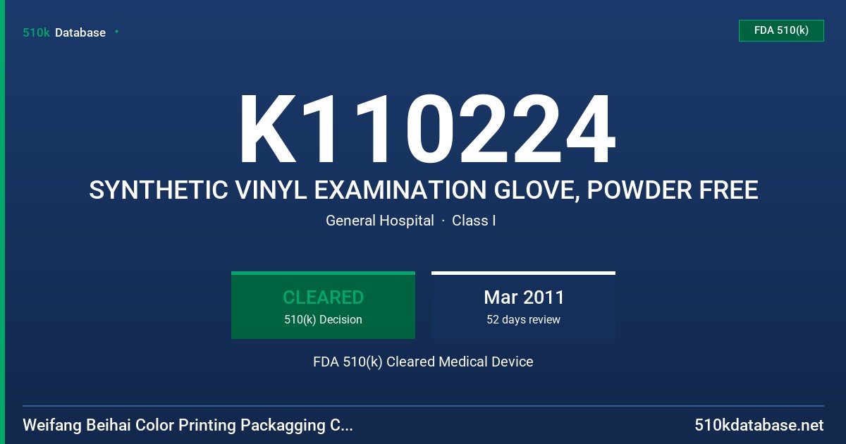 K110224 SYNTHETIC VINYL EXAMINATION GLOVE, POWDER FREE FDA 510(k) Cleared Medical Device