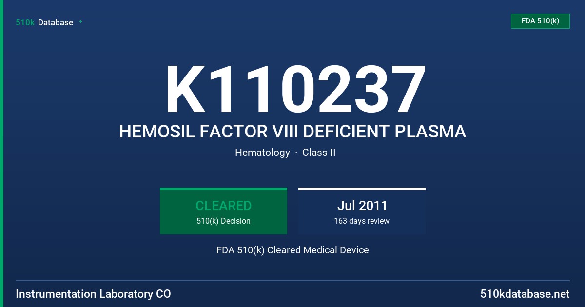 K110237 HEMOSIL FACTOR VIII DEFICIENT PLASMA FDA 510(k) Cleared Medical Device