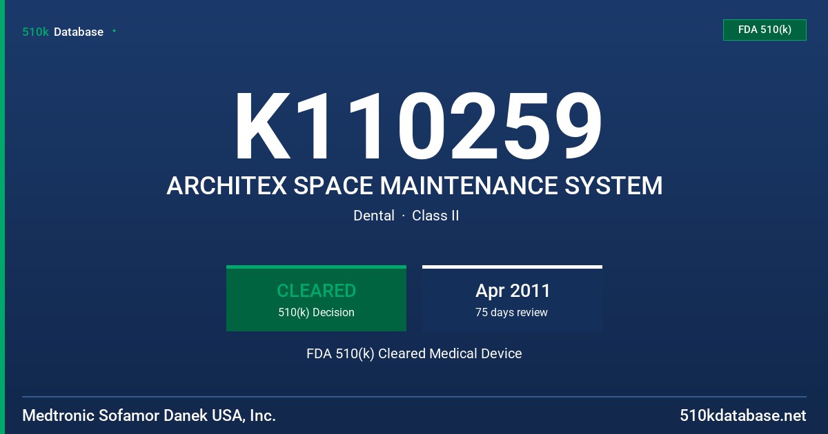 K110259 ARCHITEX SPACE MAINTENANCE SYSTEM FDA 510(k) Cleared Medical Device