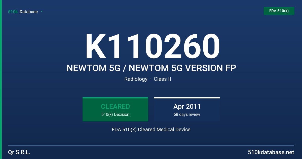 K110260 NEWTOM 5G / NEWTOM 5G VERSION FP FDA 510(k) Cleared Medical Device