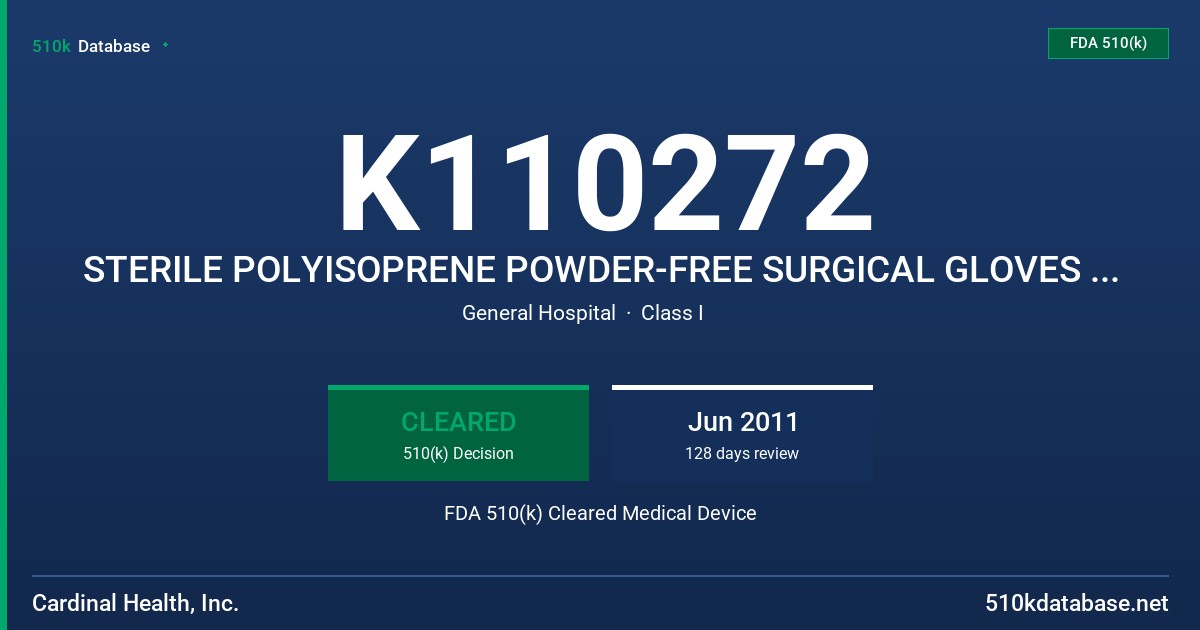 K110272 STERILE POLYISOPRENE POWDER-FREE SURGICAL GLOVES TESTED FOR USE WITH CHEMOTHERAPY DRUG FDA 510(k) Cleared Medical Device