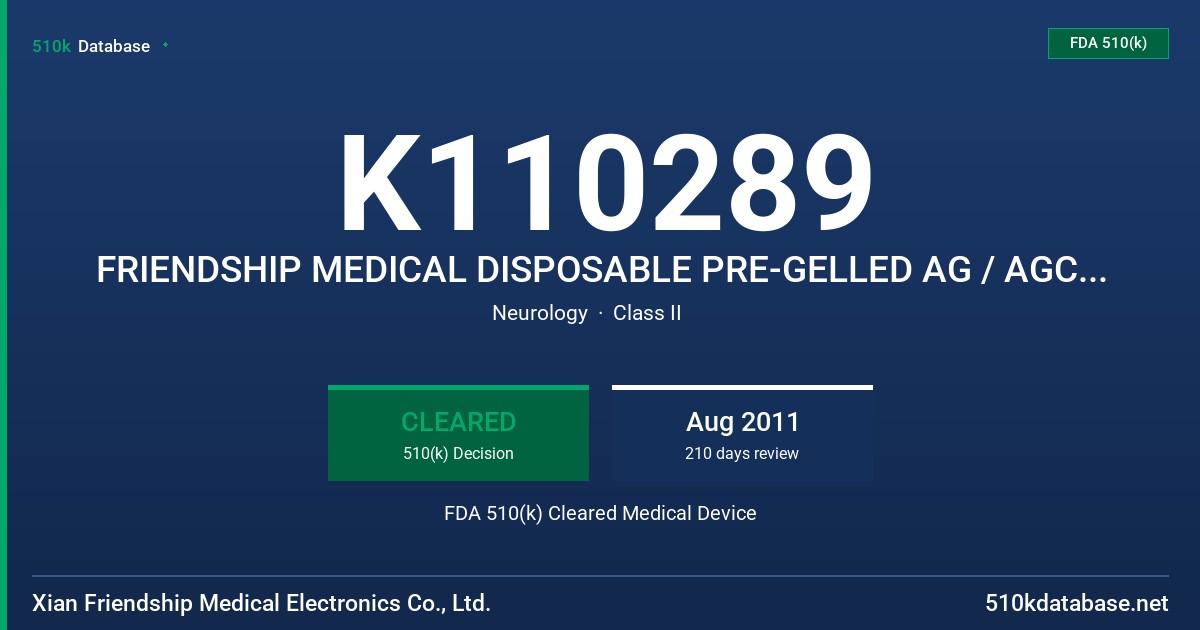 K110289 FRIENDSHIP MEDICAL DISPOSABLE PRE-GELLED AG / AGCL SURFACE ELECTRODE FDA 510(k) Cleared Medical Device
