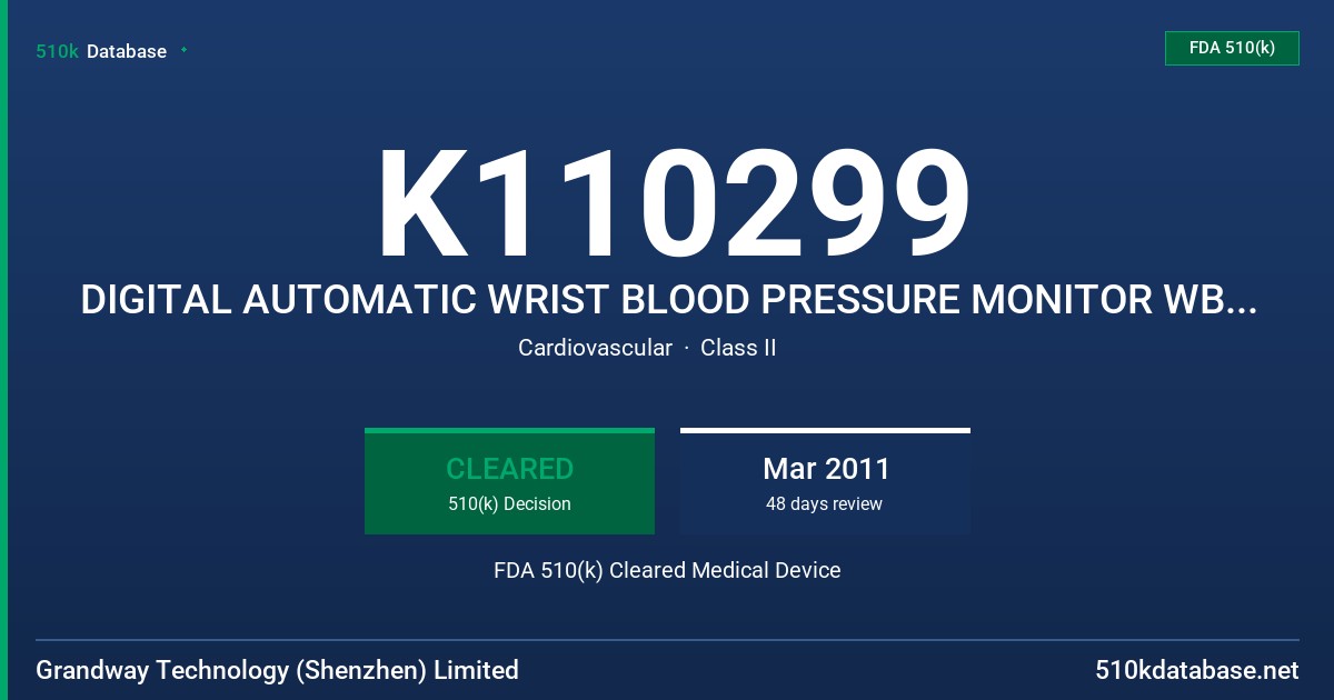 K110299 DIGITAL AUTOMATIC WRIST BLOOD PRESSURE MONITOR WBPM10 SERIES FDA 510(k) Cleared Medical Device