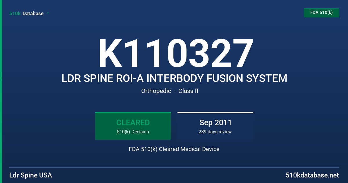 K110327 LDR SPINE ROI-A INTERBODY FUSION SYSTEM FDA 510(k) Cleared Medical Device
