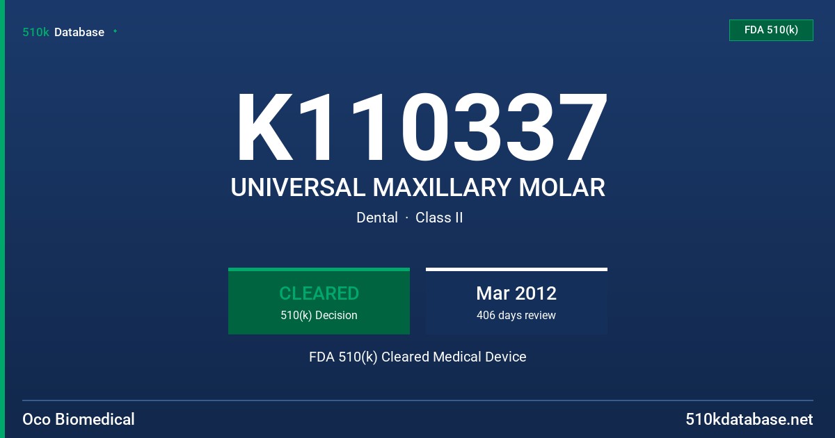 K110337 UNIVERSAL MAXILLARY MOLAR FDA 510(k) Cleared Medical Device