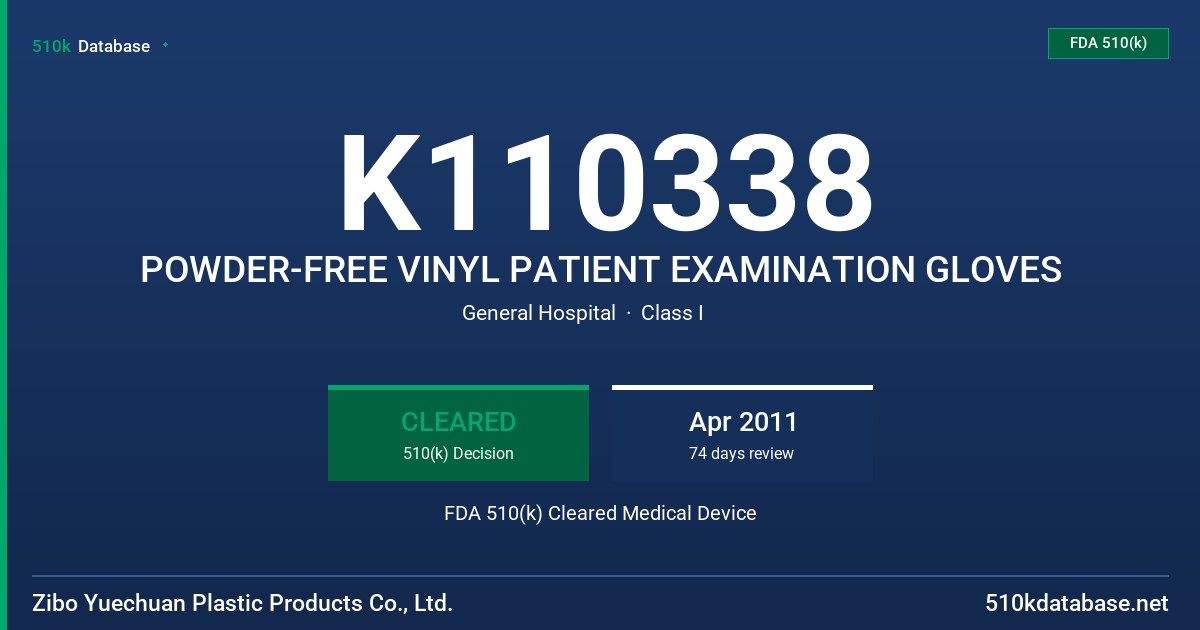 K110338 POWDER-FREE VINYL PATIENT EXAMINATION GLOVES FDA 510(k) Cleared Medical Device