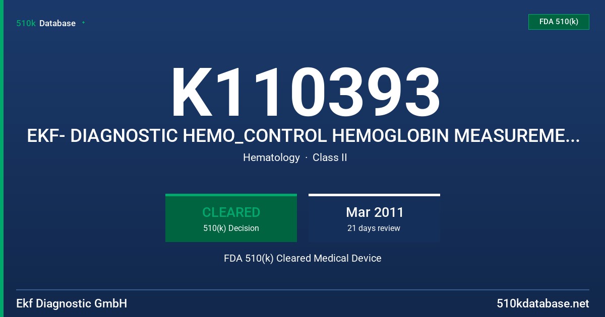 K110393 EKF- DIAGNOSTIC HEMO_CONTROL HEMOGLOBIN MEASUREMENT SYSTEM FDA 510(k) Cleared Medical Device