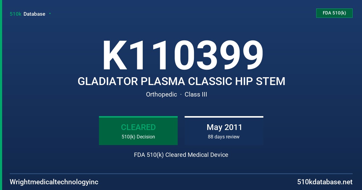 K110399 GLADIATOR PLASMA CLASSIC HIP STEM FDA 510(k) Cleared Medical Device