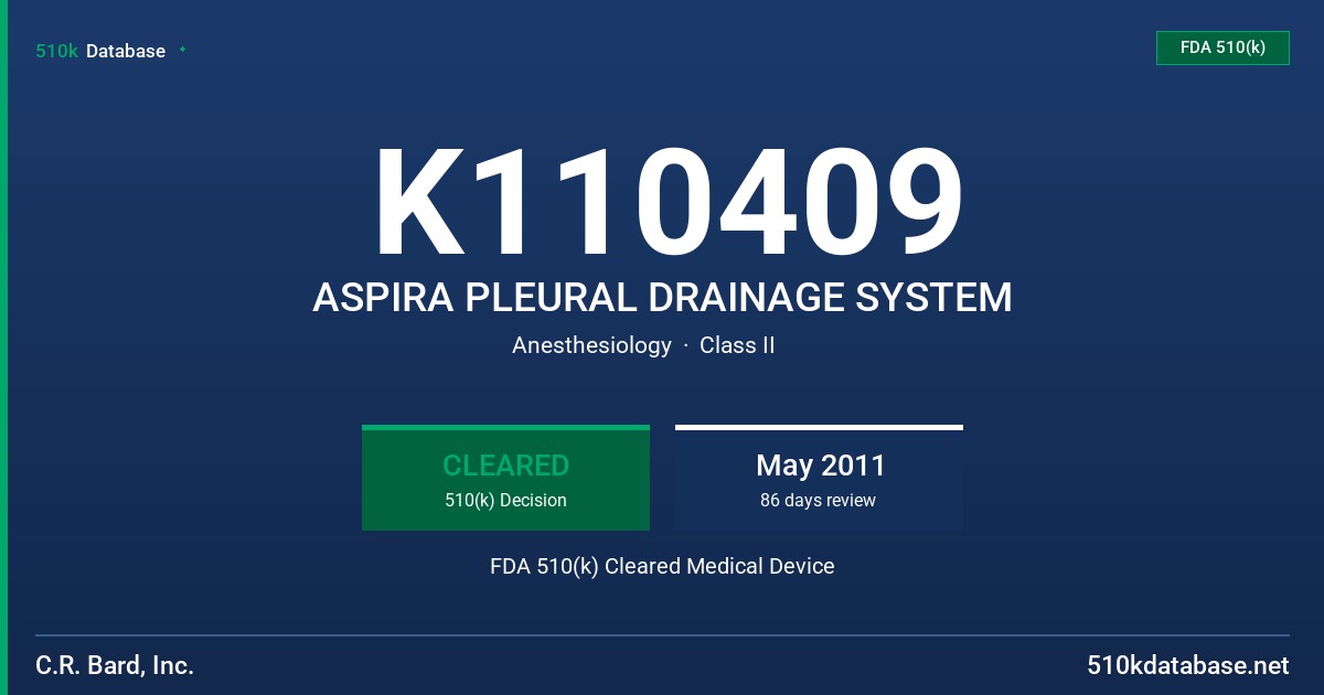 K110409 ASPIRA PLEURAL DRAINAGE SYSTEM FDA 510(k) Cleared Medical Device