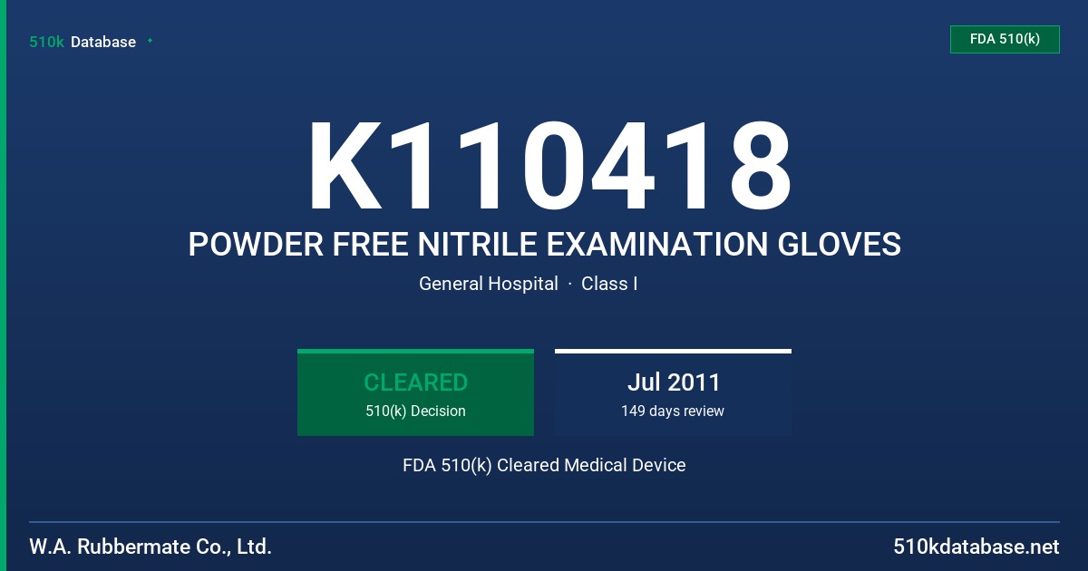 K110418 POWDER FREE NITRILE EXAMINATION GLOVES FDA 510(k) Cleared Medical Device