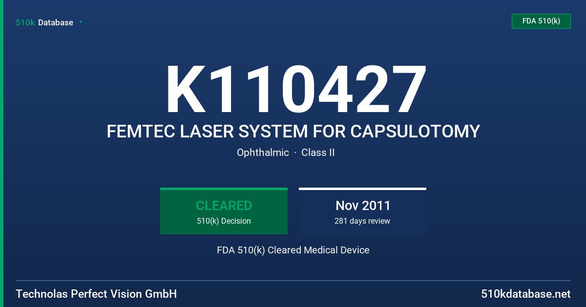K110427 FEMTEC LASER SYSTEM FOR CAPSULOTOMY FDA 510(k) Cleared Medical Device