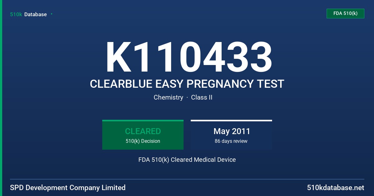 K110433 CLEARBLUE EASY PREGNANCY TEST FDA 510(k) Cleared Medical Device
