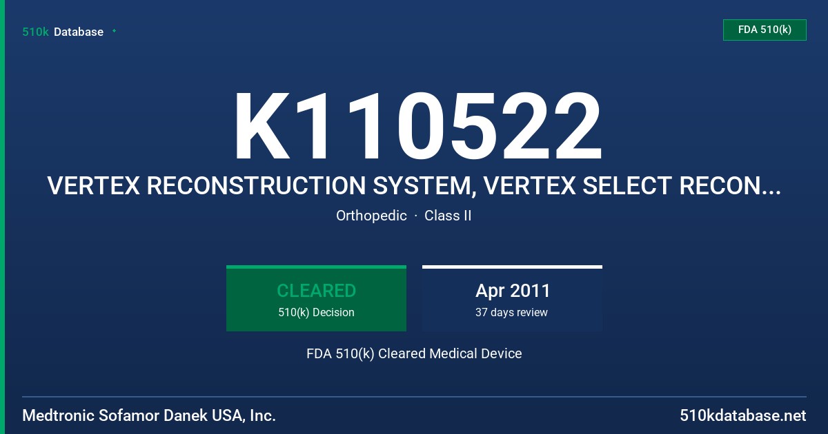 K110522 VERTEX RECONSTRUCTION SYSTEM, VERTEX SELECT RECONSTRUCTION SYSTEM FDA 510(k) Cleared Medical Device