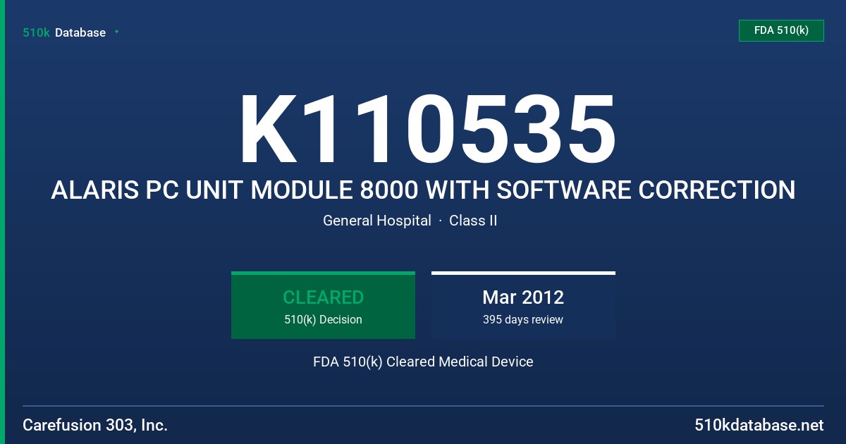 K110535 ALARIS PC UNIT MODULE 8000 WITH SOFTWARE CORRECTION FDA 510(k) Cleared Medical Device