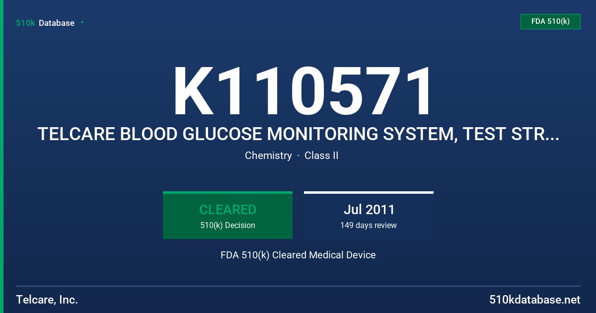 K110571 TELCARE BLOOD GLUCOSE MONITORING SYSTEM, TEST STRIPS, CONTROL SOLUTIONS, TELSERVE-HOME USE, TELSERVE-PROFESSIONAL USE FDA 510(k) Cleared Medical Device