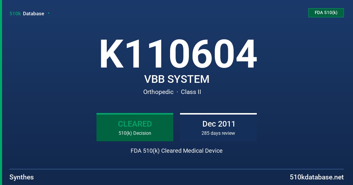 K110604 VBB SYSTEM FDA 510(k) Cleared Medical Device