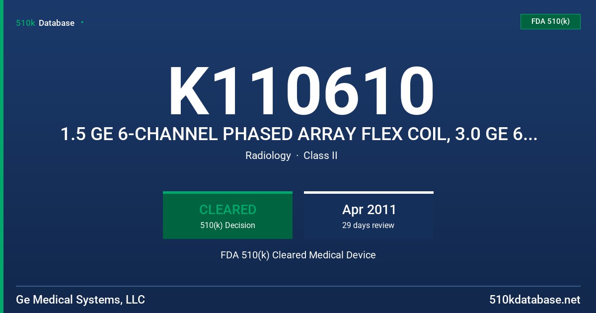 K110610 1.5 GE 6-CHANNEL PHASED ARRAY FLEX COIL, 3.0 GE 6-CHANNEL PHASED ARRAY FLEX COIL FDA 510(k) Cleared Medical Device