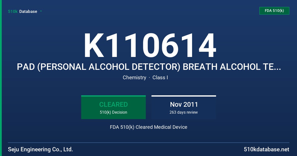 K110614 PAD (PERSONAL ALCOHOL DETECTOR) BREATH ALCOHOL TEST SYSTEM FDA 510(k) Cleared Medical Device