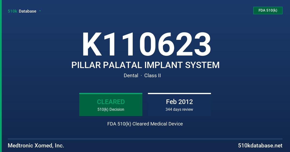 K110623 PILLAR PALATAL IMPLANT SYSTEM FDA 510(k) Cleared Medical Device