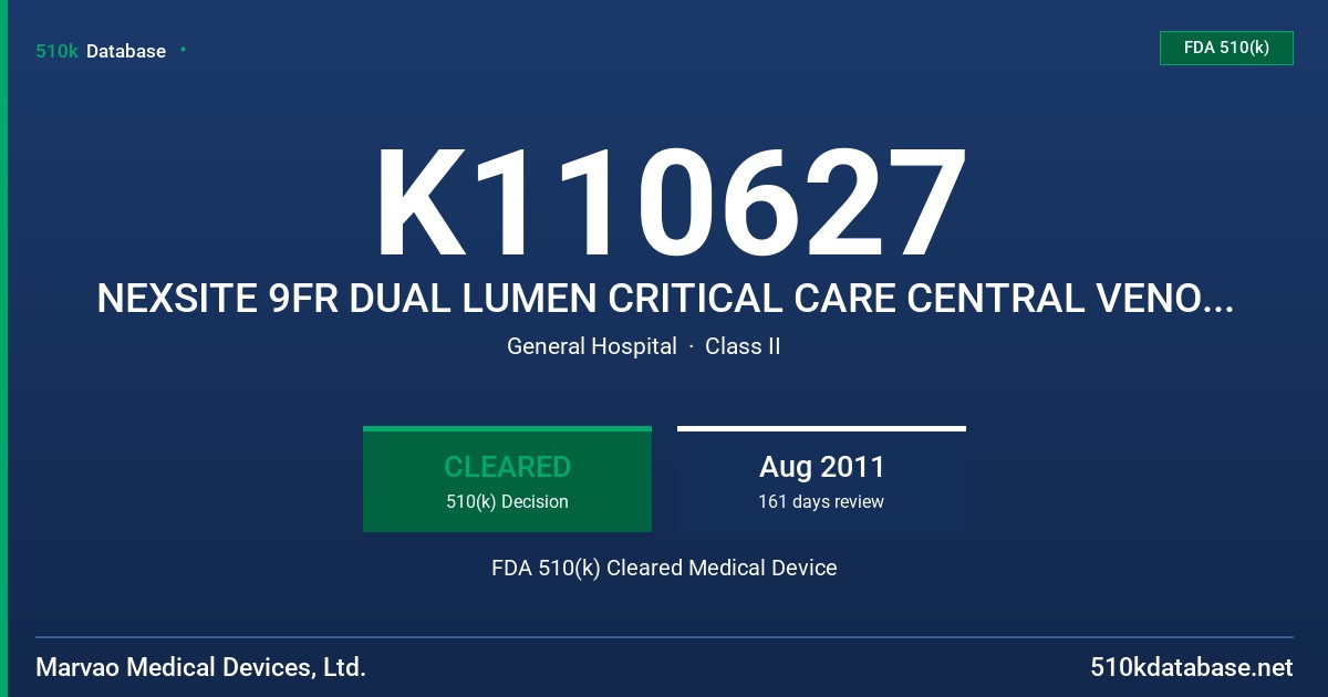 K110627 NEXSITE 9FR DUAL LUMEN CRITICAL CARE CENTRAL VENOUS CATHETER FDA 510(k) Cleared Medical Device