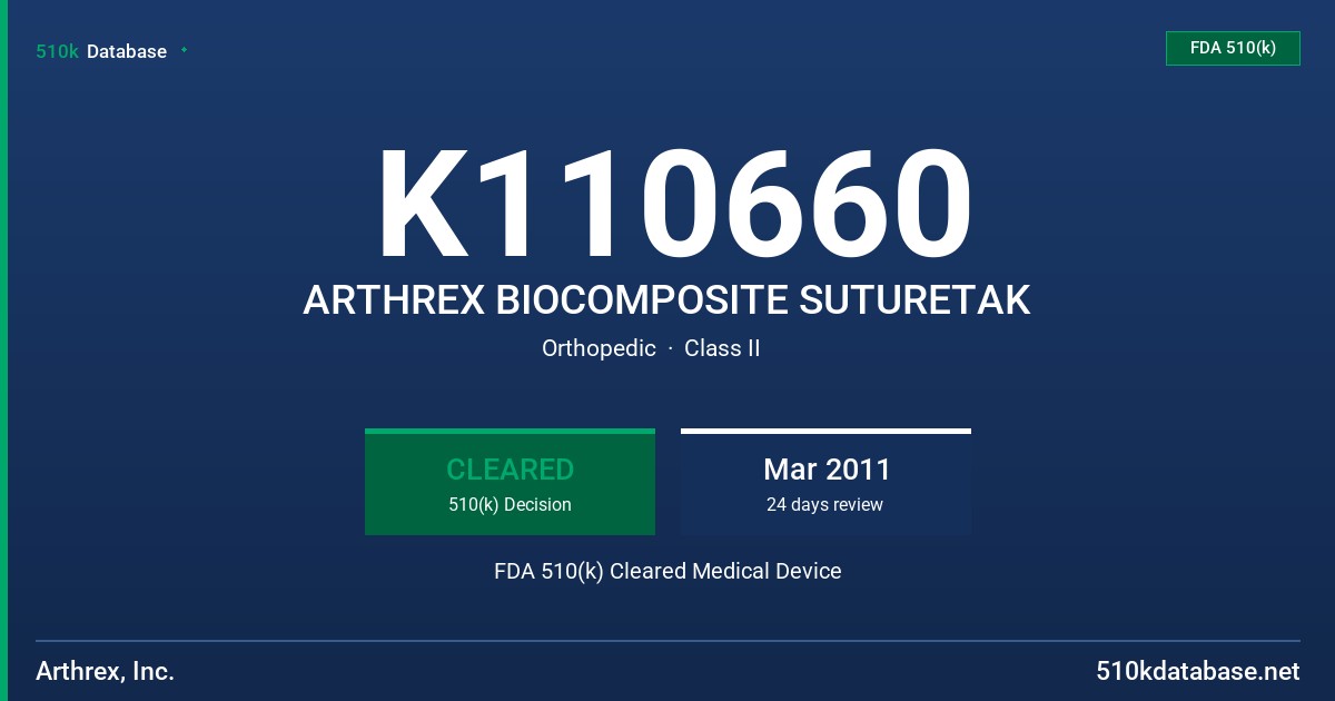 K110660 ARTHREX BIOCOMPOSITE SUTURETAK FDA 510(k) Cleared Medical Device
