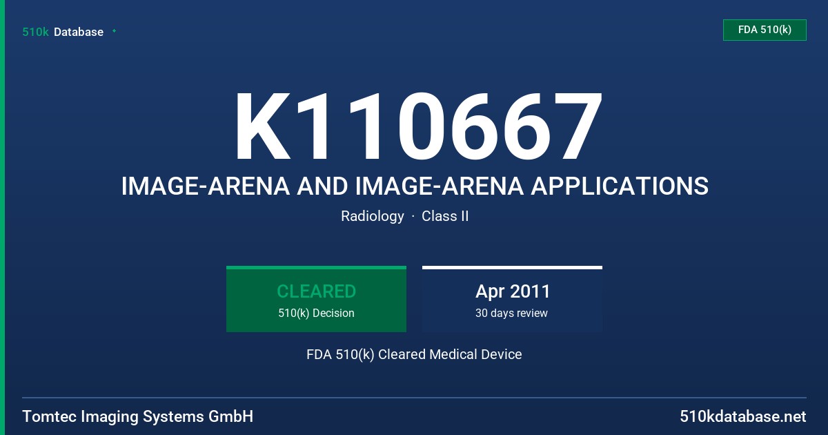 K110667 IMAGE-ARENA AND IMAGE-ARENA APPLICATIONS FDA 510(k) Cleared Medical Device