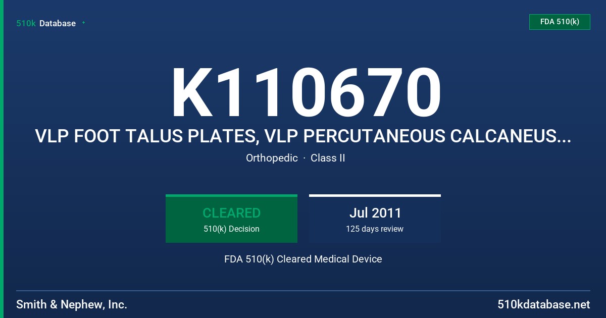 K110670 VLP FOOT TALUS PLATES, VLP PERCUTANEOUS CALCANEUS PLATES AND MISC VLP BONE SCREWS, PERI-LOC ANKLE FUSION PLATES FDA 510(k) Cleared Medical Device