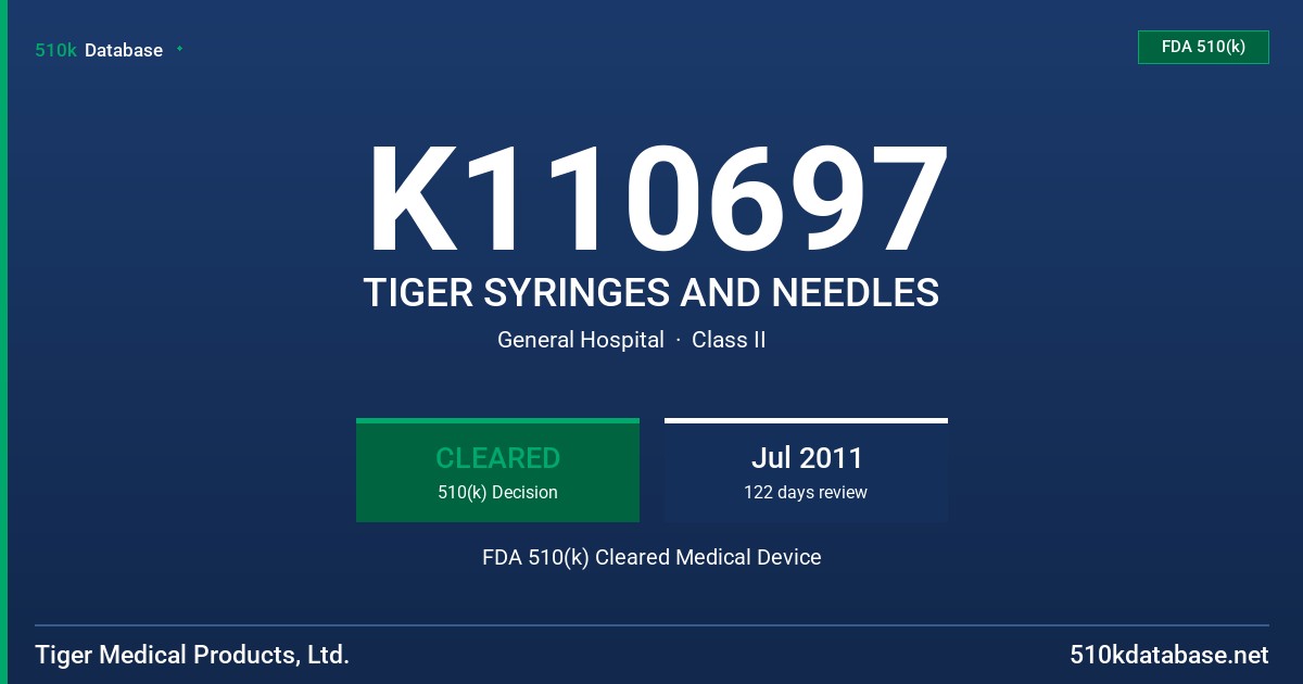 K110697 TIGER SYRINGES AND NEEDLES FDA 510(k) Cleared Medical Device