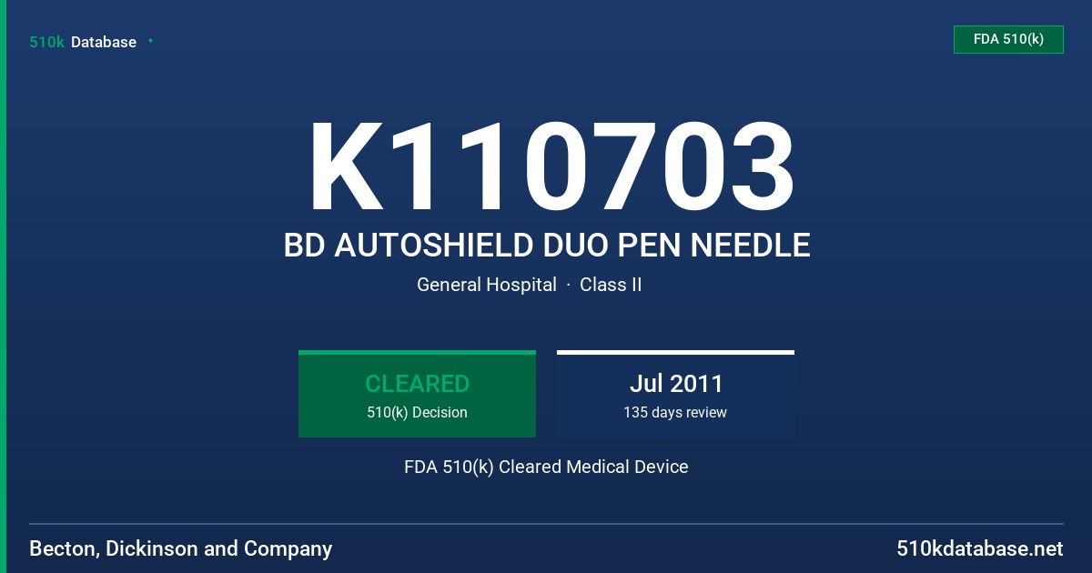 K110703 BD AUTOSHIELD DUO PEN NEEDLE FDA 510(k) Cleared Medical Device