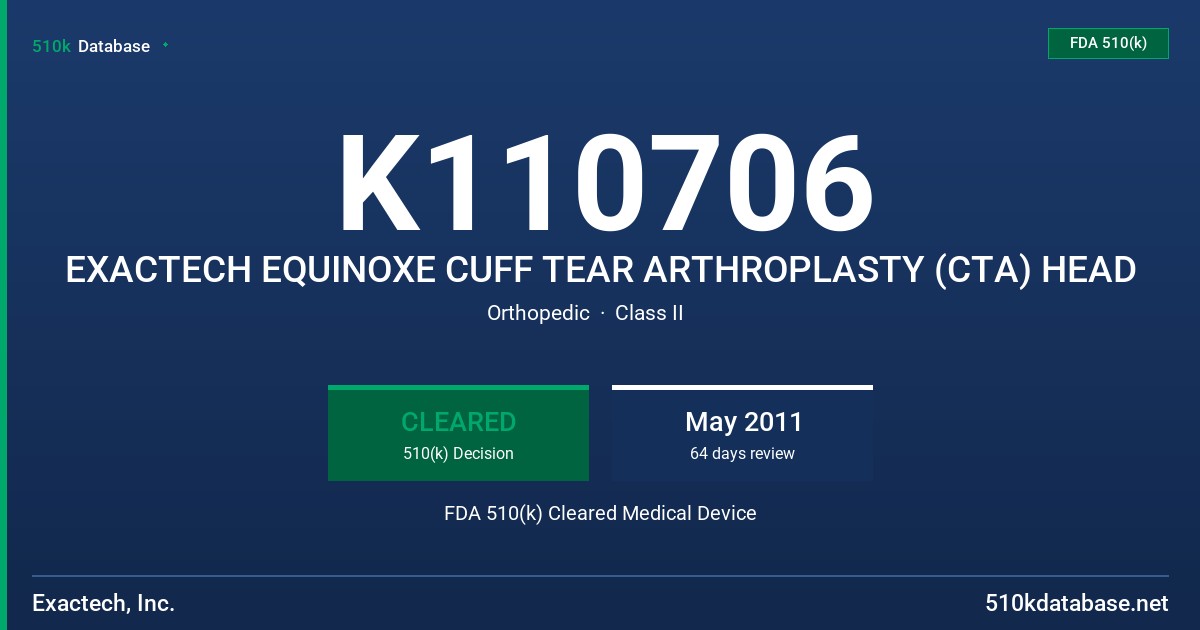 K110706 EXACTECH EQUINOXE CUFF TEAR ARTHROPLASTY (CTA) HEAD FDA 510(k) Cleared Medical Device