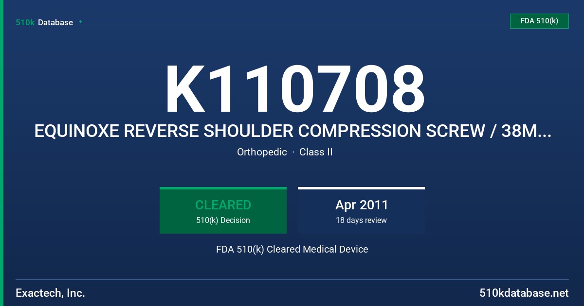 K110708 EQUINOXE REVERSE SHOULDER COMPRESSION SCREW / 38MM AND 42MM GLENOSPHERE / SUPERIOR AUGMENT GLENOID PLATE, 10 DEGREES... FDA 510(k) Cleared Medical Device