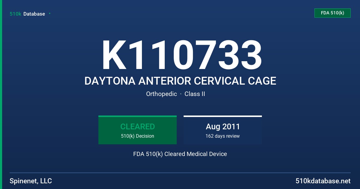 K110733 DAYTONA ANTERIOR CERVICAL CAGE FDA 510(k) Cleared Medical Device