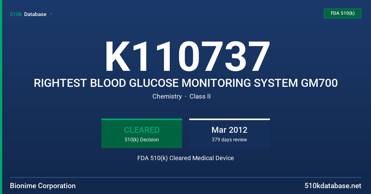 K110737 RIGHTEST BLOOD GLUCOSE MONITORING SYSTEM GM700 FDA 510(k) Cleared Medical Device