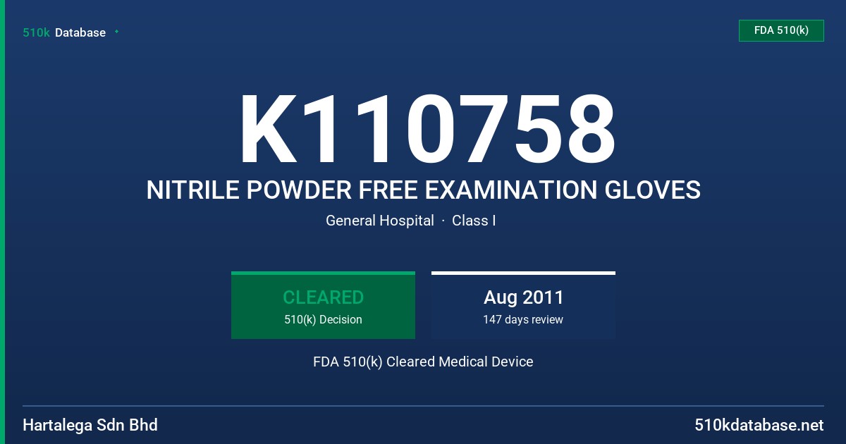 K110758 NITRILE POWDER FREE EXAMINATION GLOVES FDA 510(k) Cleared Medical Device