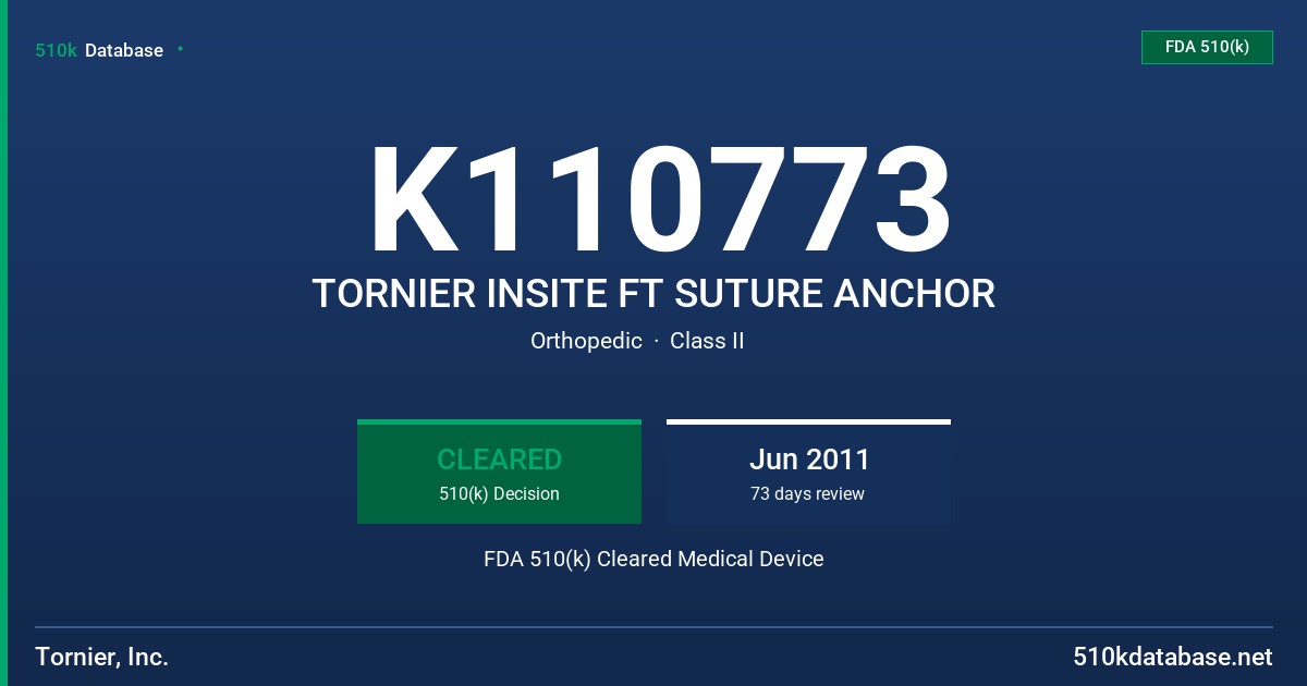 K110773 TORNIER INSITE FT SUTURE ANCHOR FDA 510(k) Cleared Medical Device